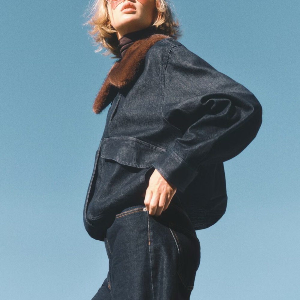 H&M Dark Denim Jean Jacket with Brown Fur Collar